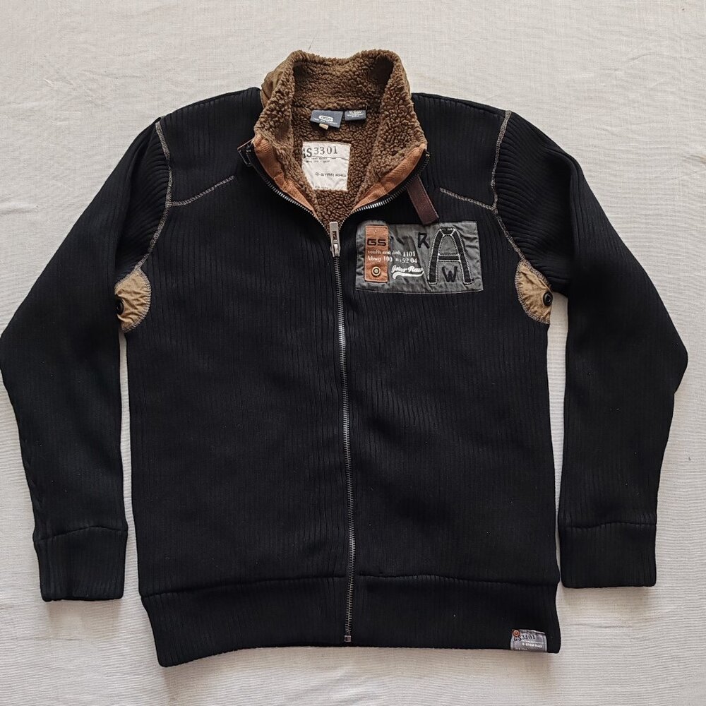 G-Star RAW 3301 Men's Full Zip Ribbed Knit Jacket - Fleece Lined - Black - XXL